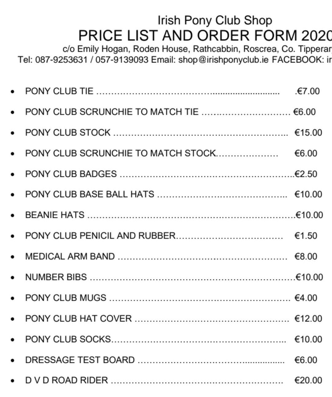Irish Pony Club Price List